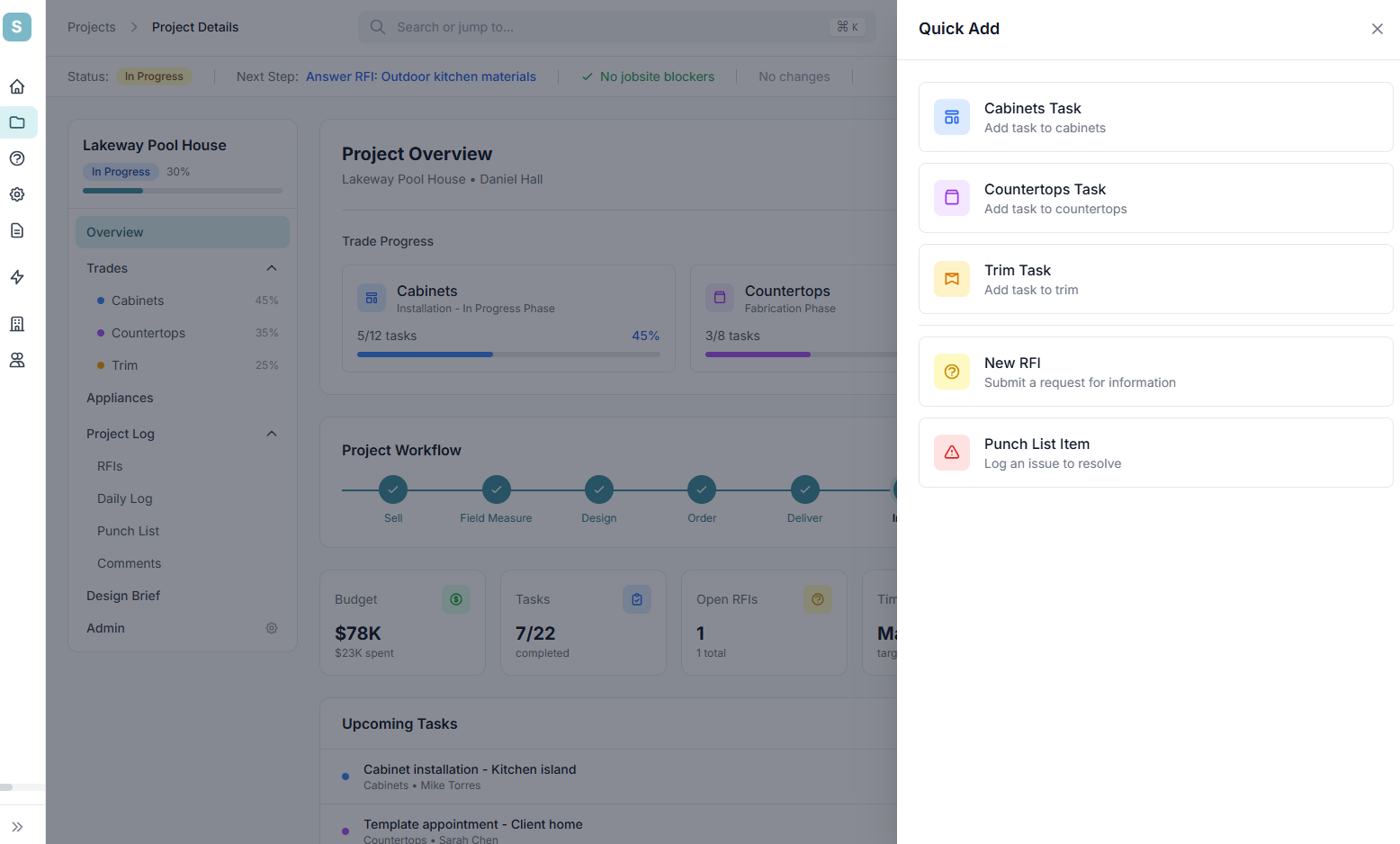 Scaftra dashboard showing active projects and install tracking